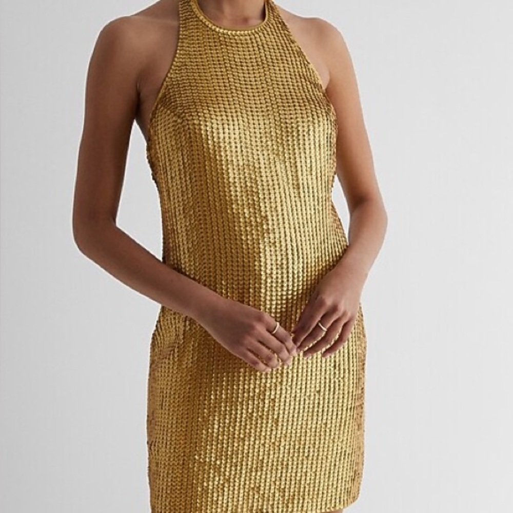 NWT Express Gold Sequined Halter Dress | Size: Small